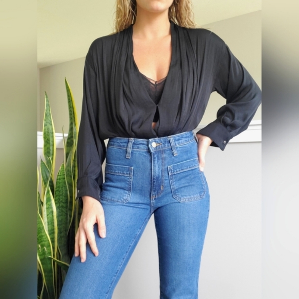 Free People Black Long Sleeve Blouse Bodysuit  XS/S